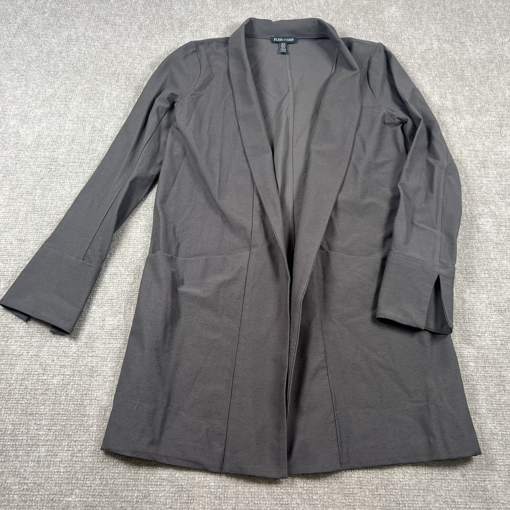 Eileen Fisher XXS Open Front Long Jacket Cardigan Coat Stretch Knit Gray Pockets